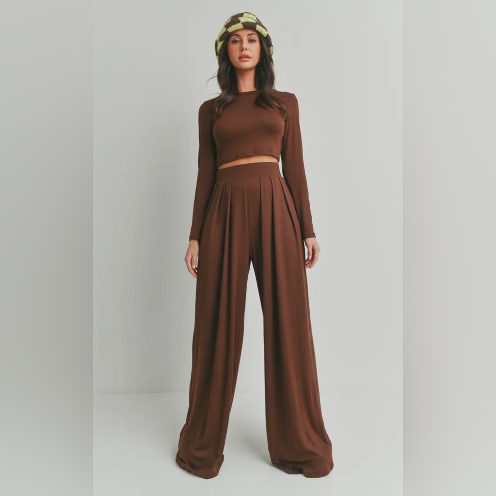 Long Sleeve Top & Wide Leg Pant Set- Brown
